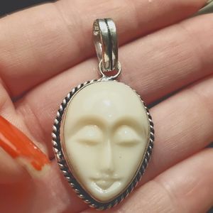 New Carved Goddess Face 925 Silver Pendant.